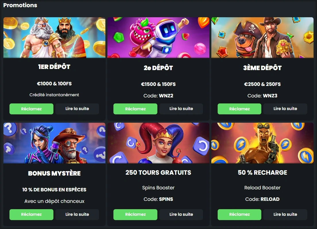 Promotions régulières et bonus hebdomadaires chez Winningz