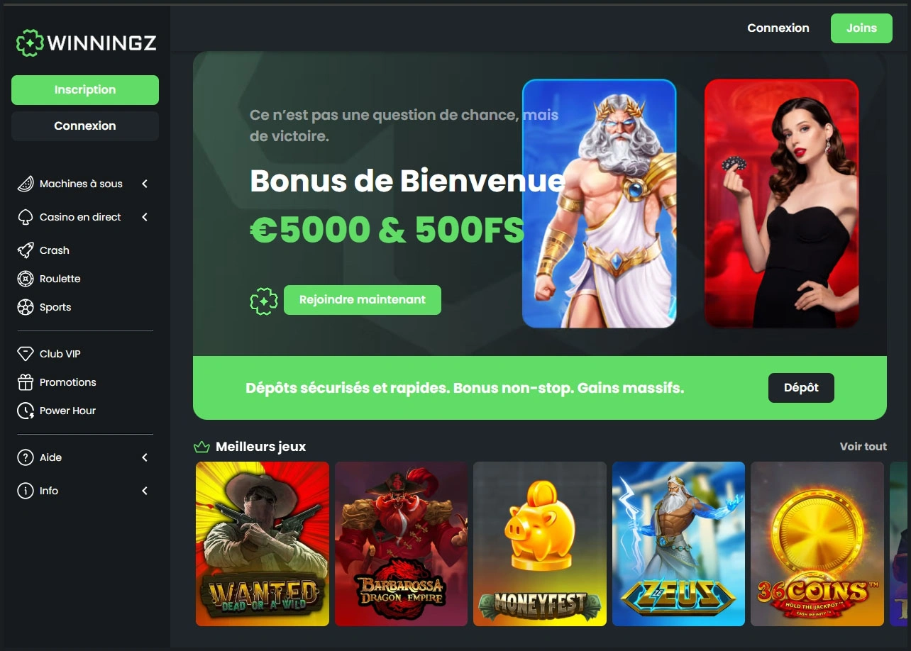 Page d’accueil officielle du casino en ligne Winningz